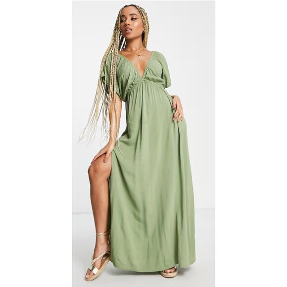 ASOS Dresses & Skirts - ASOS Design Flutter Sleeve Maxi Beach Dress in Khaki Green - KHAKI Women's sz. 6
